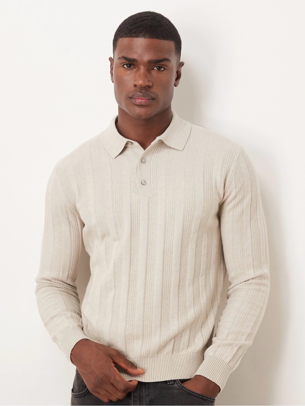 ASOS Mango long sleeve cable knit polo shirt in light beige.